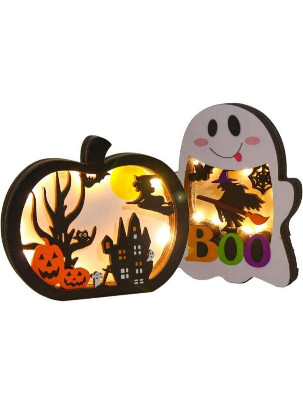 2pcs Light Up Pumpkin Ghost Halloween Wooden Lighted Pumpkin for Tabletop